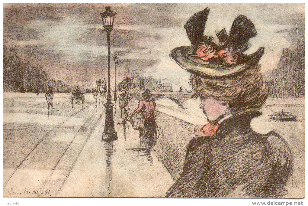 Illustrée Signée Henri BOUTET 1891 . Jolie Femme Sur Un Pont Parisien - Boutet