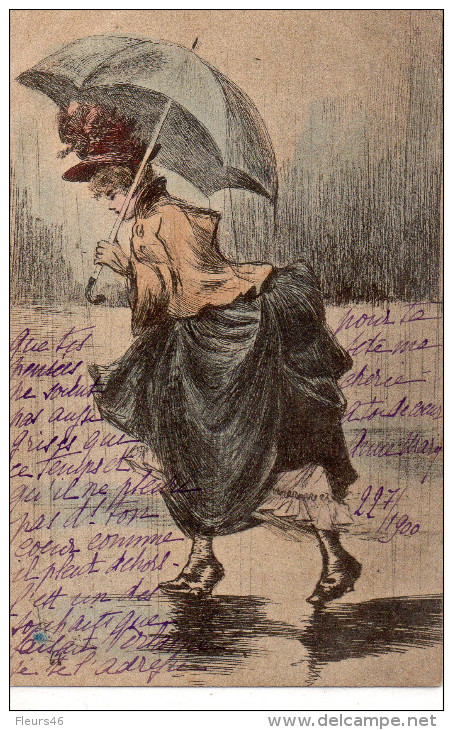 Illustrée Signée Henri BOUTET  . Jolie Femme Sous Un Parapluie - Boutet