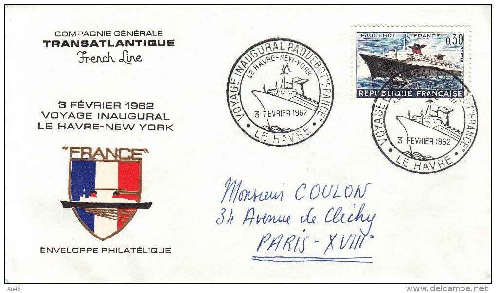 STORIA POSTALE-BUSTA EVENTO_VIAGGIO INAUGURALE 3 Febbraio1962-TRANSATLANTIQUE FRENCH LINE-PAQUEBOT-Busta Vg1962 X PARIS - Posta