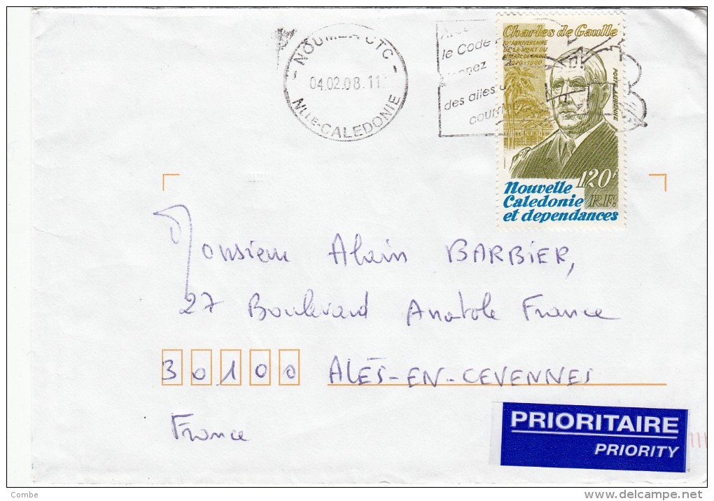 2008,  LETTRE , NOUVELLES CALEDONIES, NOUMEA Pour La FRANCE, YV  PA GENERAL DE GAULLE  /4701 - Covers & Documents