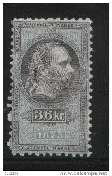 AUSTRIA 1875 EMPEROR FRANZ-JOZEF 36KR GREEN REVENUE ERLER 111 RARER PERF 9.5 X 9.5 - Revenue Stamps