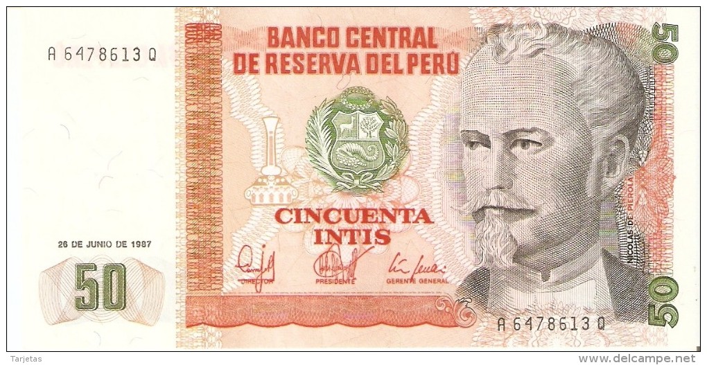 BILLETE DE PERU DE 50 INTIS DEL AÑO 1987  (BANKNOTE) SIN CIRCULAR-UNCIRCULATED - Perú