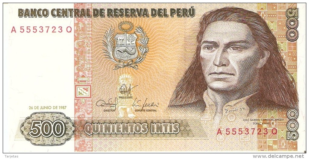 BILLETE DE PERU DE 500 INTIS DEL AÑO 1987 (BANKNOTE) SIN CIRCULAR-UNCIRCULATED - Perú