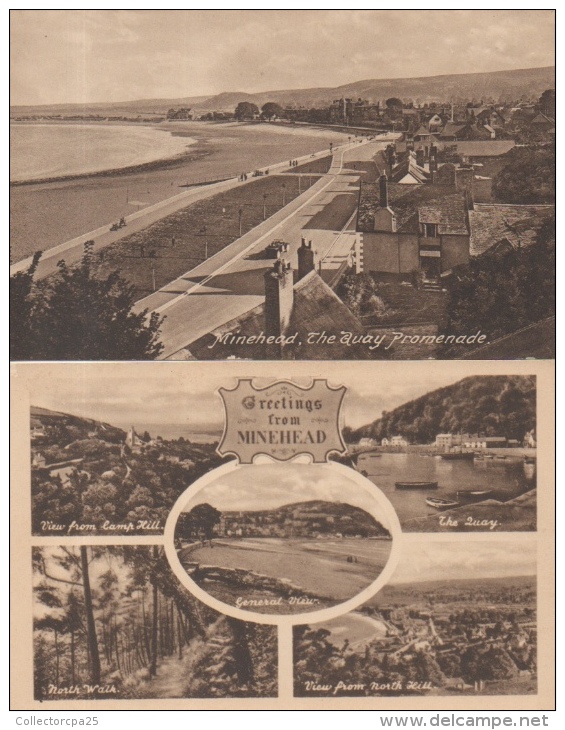 Lot Of 2 Postcards Of Minehead : The Quay Promenade + Genral View The Quay North Walk View From North Hill Lamp Hill - Minehead
