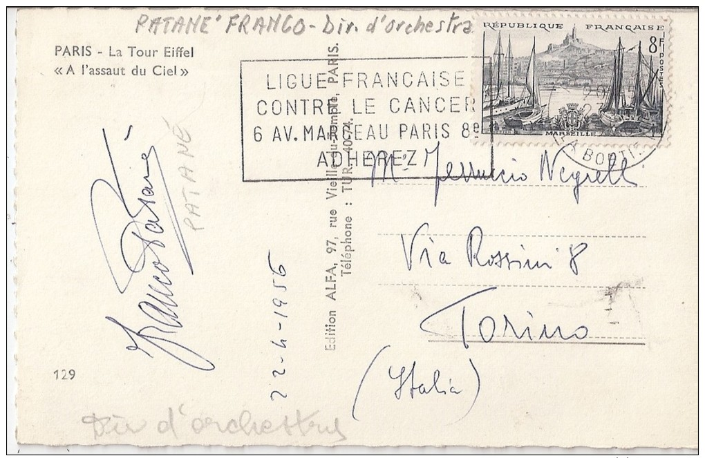 CR-043 - CARTOLINA AUTOGRAFA - Direttore D'Orchestra FRANCO PATANE' - VG.x Maestro F. NEGRELLI Di TORINO - A. 1956 - Cantanti E Musicisti