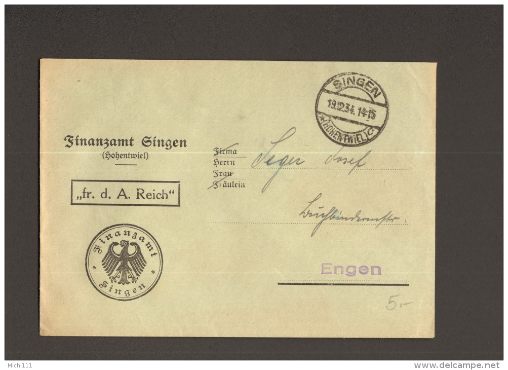 DR Singen1934 Umschlag V.Finanzamt Mit Vordruck Frei D.Ablösung Reich Nach Engen - Officials