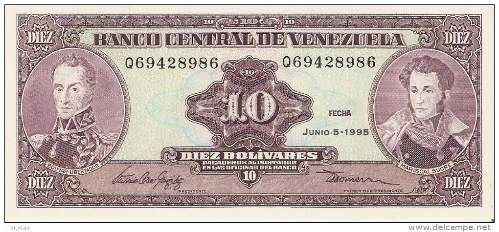 BILLETE DE VENEZUELA DE 10 BOLIVARES DEL AÑO 1995  (BANK NOTE) SIN CIRCULAR-UNCIRCULATED - Venezuela