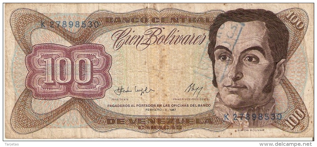 BILLETE DE VENEZUELA DE 100 BOLIVARES DEL AÑO 1987 CON RESELLO (BANKNOTE) - Venezuela