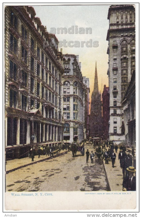USA - NEW YORK CITY~WALL STREET VIEW 1900s~TRINITY CHURCH~GLITTER DECORATED POSTCARD NY NYC  [4576] - Wall Street