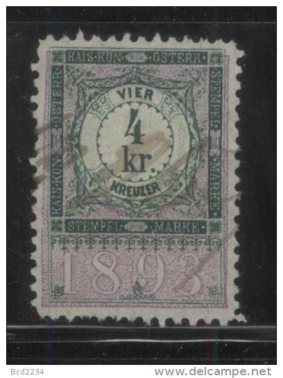 AUSTRIA ALLEGORIES 1893 4KR GREEN/LILAC REVENUE ERLER 300 PERF 10.50 X 10.50 - Revenue Stamps