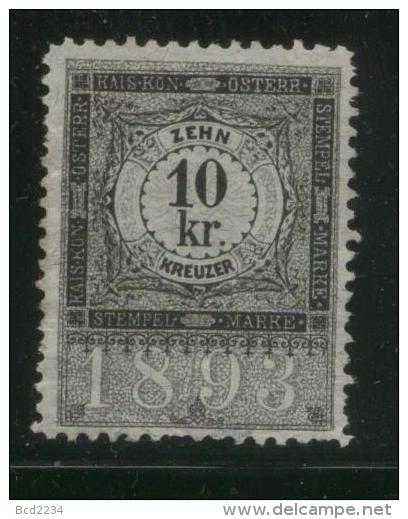 AUSTRIA ALLEGORIES 1893 10KR GREY/BLACK REVENUE ERLER 303 PERF 11.50 X 11.50 - Fiscale Zegels