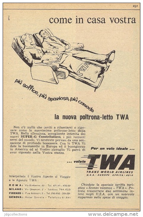 # TWA 1950s Italy Advert Pubblicità Publicitè Publicidad Reklame New York California Airlines Airways Aviation Airplane - Pubblicità