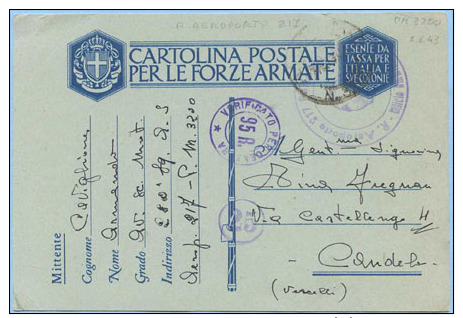 1943 POSTA MILITARE 3200 E TIMBRO R. AEROPORTO 217 + CENSURA CART. FRANCHIGIA  1.6.43 OTTIMA QUALITÀ (C172) - Posta Militare (PM)