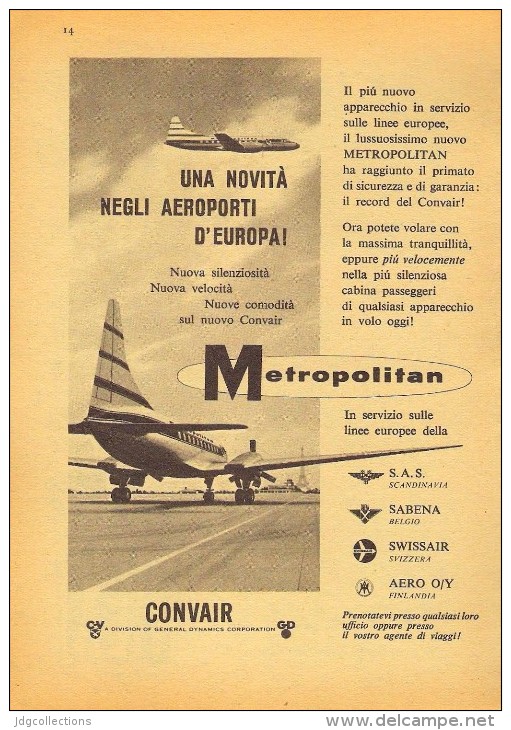 # CONVAIR 1950s Italy Advert Pub SAS SABENA SWISSAIR Airlines Airways Aviation Airplane - Advertisements