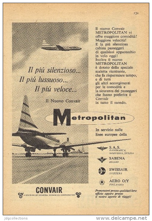 # CONVAIR 1950s Italy Advert Pub SAS SABENA SWISSAIR Airlines Airways Aviation Airplane - Advertisements