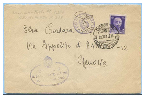 1943 POSTA MILITARE 3200 E TIMBRO R. AEROPORTO 238 + PRETURA UNIFICATA GENOVA BUSTA 14.1.43 IMPERIALE C. 50 (C171) - Military Mail (PM)