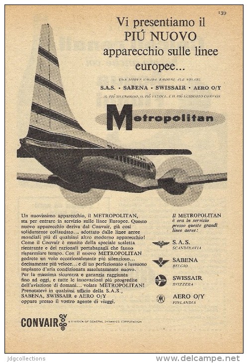 # CONVAIR 1950s Italy Advert Pub SAS SABENA SWISSAIR Airlines Airways Aviation Airplane - Werbung