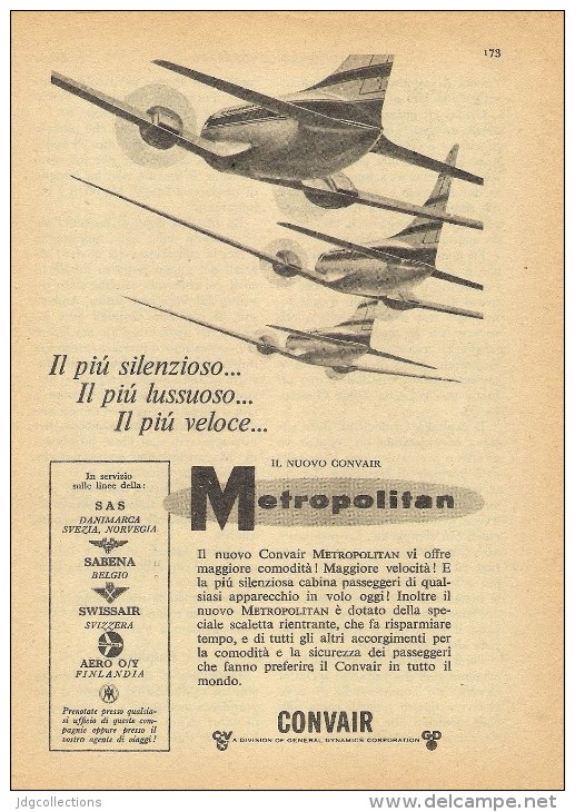 # CONVAIR 1950s Italy Advert Pub SAS SABENA SWISSAIR Airlines Airways Aviation Airplane - Publicités