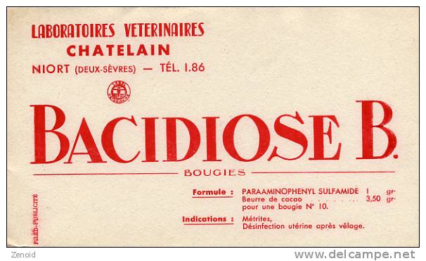 Buvard Publicitaire "Bacidiose B. Bougies - Laboratoires Vétérinaires Chatelain - Niort - Deux Sèvres" - B