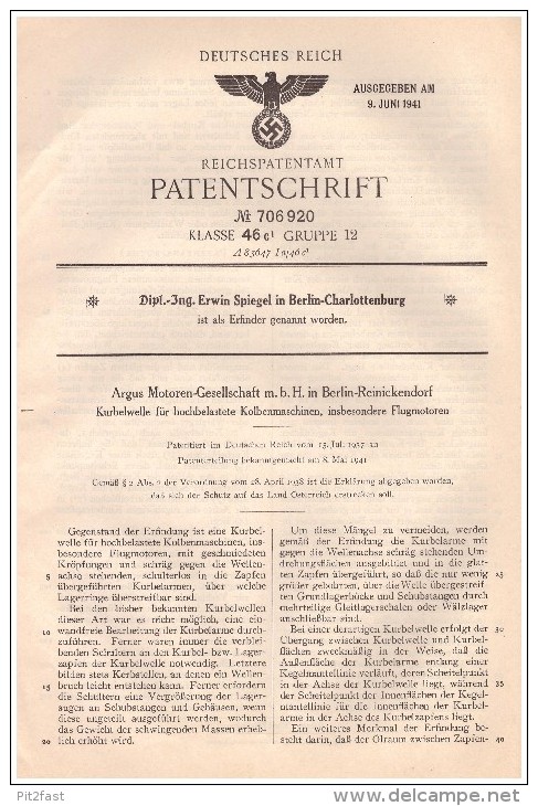 Original Patentschrift - Argus Motoren GmbH In Berlin - Reinickendorf , 1937 , Kurbelwelle Für Flugmotoren , Flugzeug !! - Fliegerei