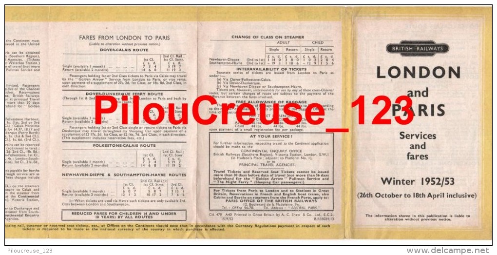 HORAIRES - BRITISH RAILWAYS - LONDON And PARIS - Winter 1952/1953 - Services And Fares - 2 Scan - Europe