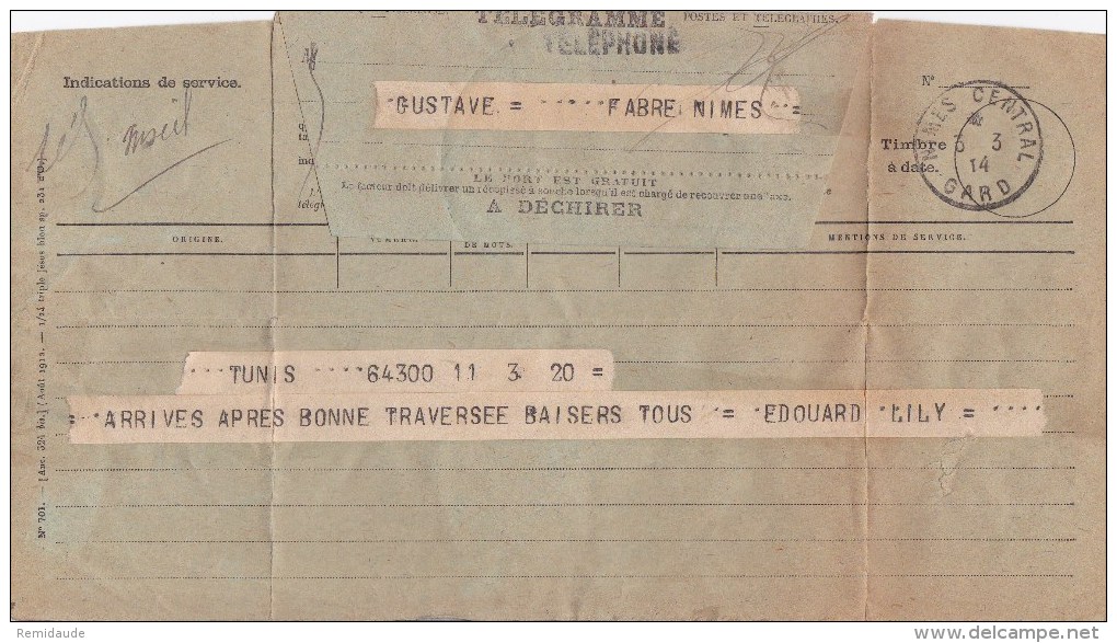 TUNISIE - 1914 - TELEGRAMME De TUNIS Pour NIMES - Briefe U. Dokumente