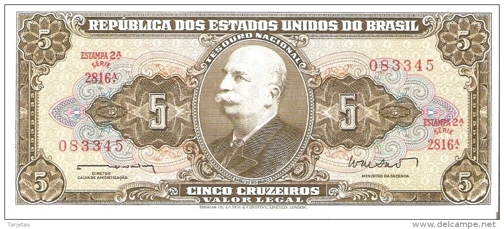 BILLETE DE BRASIL DE 5 CRUZEIROS DEL AÑO 1962 (BANK NOTE) - Brasil