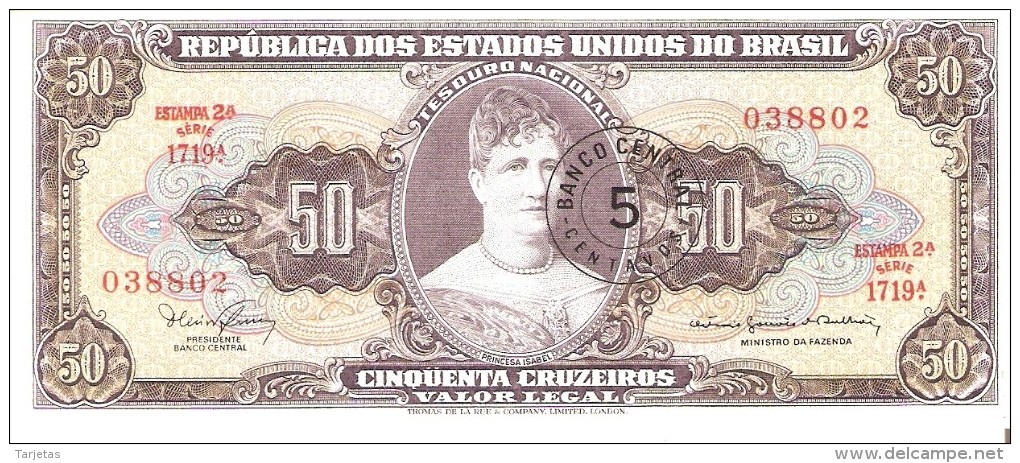 BILLETE DE BRASIL DE 50 CRUZEIROS RESELLO 5 CENTAVOS (BANK NOTE) SIN CIRCULAR-UNCIRCULATED - Brasil