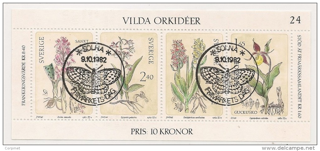 SWEDEN - FLOWERS - ORCHIDS - 1982 SOUVENIR SHEET  - Yvert # Bl. 10  - VF USED BUTTERFLIES CANCEL - Blocks & Sheetlets