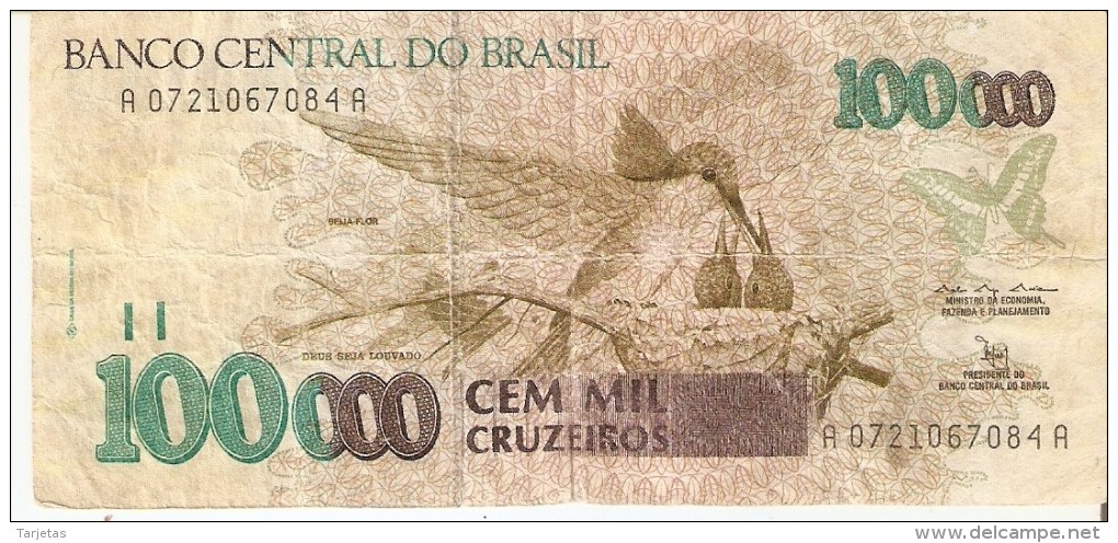 BILLETE DE BRASIL DE 100000 CRUZEIROS  (BANK NOTE) COLIBRI-MARIPOSA-BUTTERFLY - Brasil
