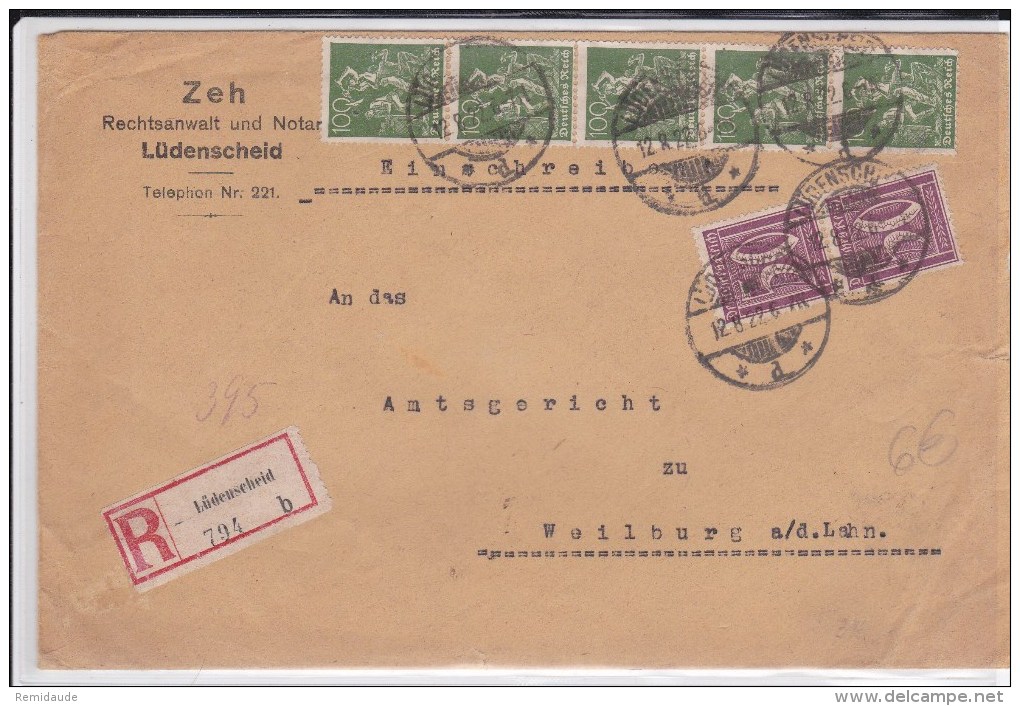 1922 - ENVELOPPE RECOMMANDEE De LÜDENSCHEID Pour WEILBURG - Covers & Documents