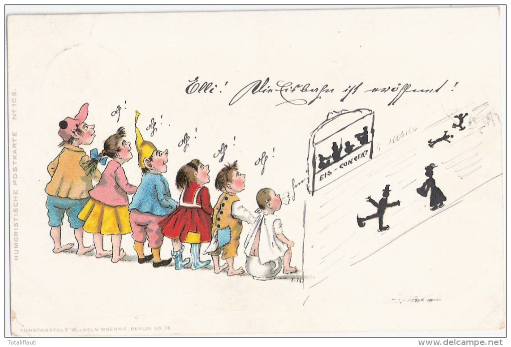 Kinder Humor Postkarte Nr 109 Handgemalt Ergänzt Mit Hinweis Auf Eröffnung Eisbahn In Hamburg Und Eis Concert 27.1.1899 - Autres & Non Classés