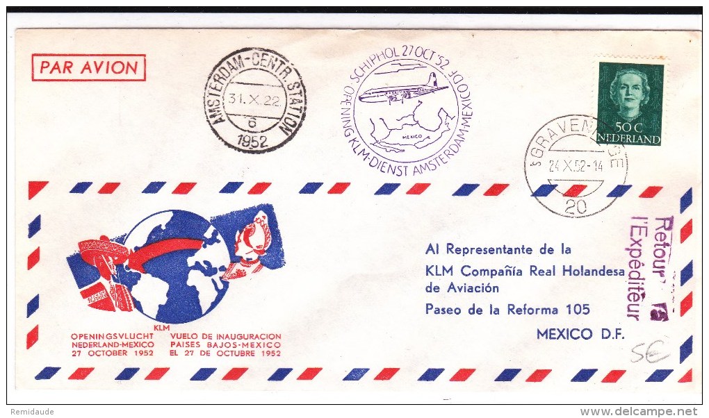 NEDERLAND - 1952 - ENVELOPPE Par AVION 1° VOL De AMSTERDAM à MEXICO - Posta Aerea