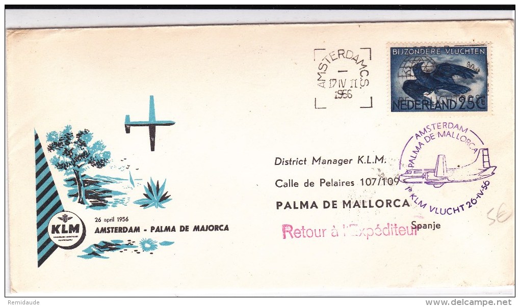 NEDERLAND - 1956 - ENVELOPPE Par AVION 1° VOL De AMSTERDAM à PALMA DE MALLORCA - Poste Aérienne