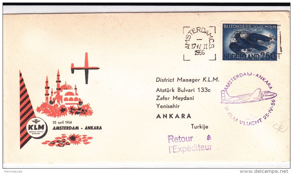 NEDERLAND - 1956 - ENVELOPPE Par AVION 1° VOL De AMSTERDAM à ANKARA (TURQUIE) - Poste Aérienne