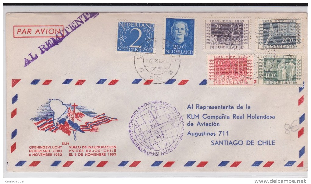 NEDERLAND - 1952 - ENVELOPPE Par AVION 1° VOL De AMSTERDAM à SANTIAGO DE CHILE - Poste Aérienne