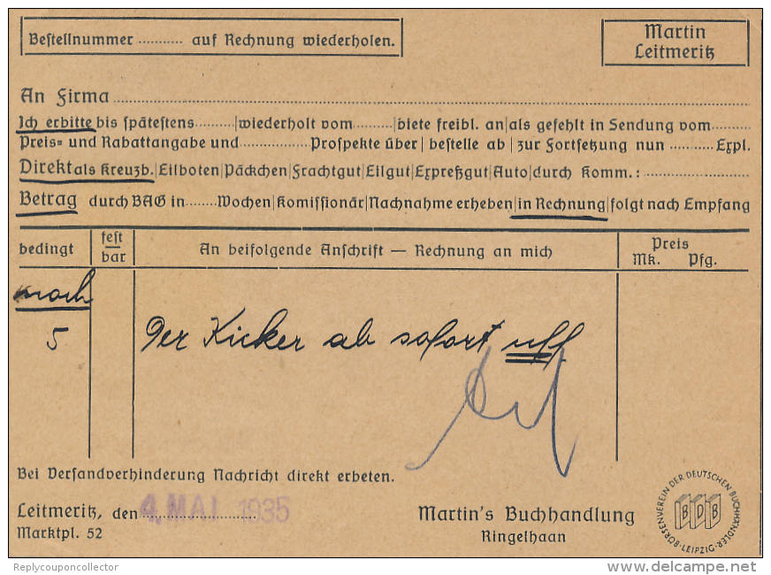 LEITMERITZ - 1935 , Bücherzettel Nach Nürnberg - Storia Postale