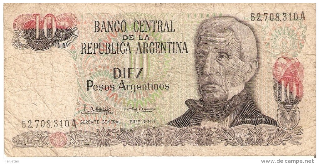 BILLETE DE ARGENTINA DE 10 PESOS GRAL SAN MARTIN DIFERENTES FIRMAS (BANKNOTE) - Argentina