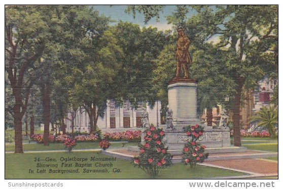 Gen Oglethorpe Monument Showing First Baptist Church In Left Background Savannah Georgia - Savannah