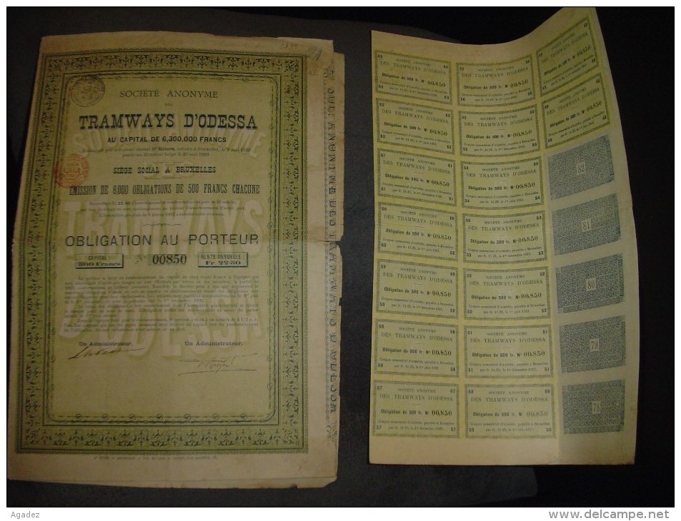 Obligation Bond " Tramways D'Odessa " Bruxelles 1880 Avec Feuille De Coupons. - Chemin De Fer & Tramway