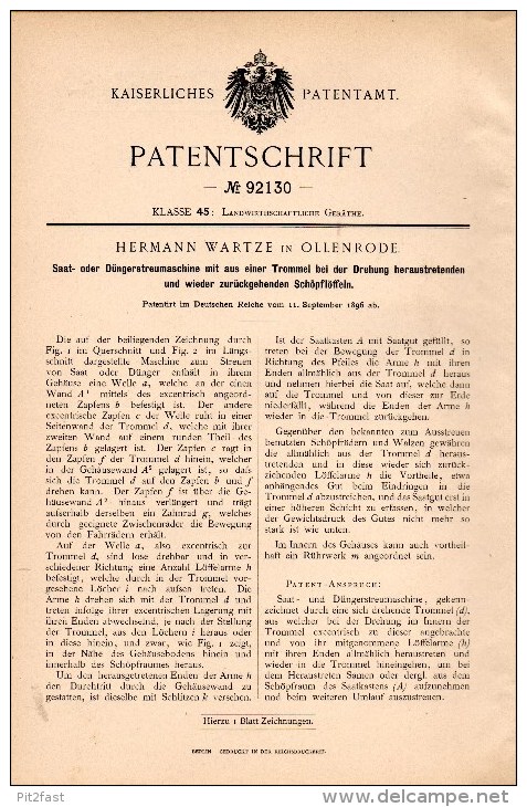 Original Patentschrift - H. Wartze In Ollenrode B. Stara Ruda / Graudenz , 1896 , Saat- Und Düngerstreumaschine , Agrar - Historische Dokumente