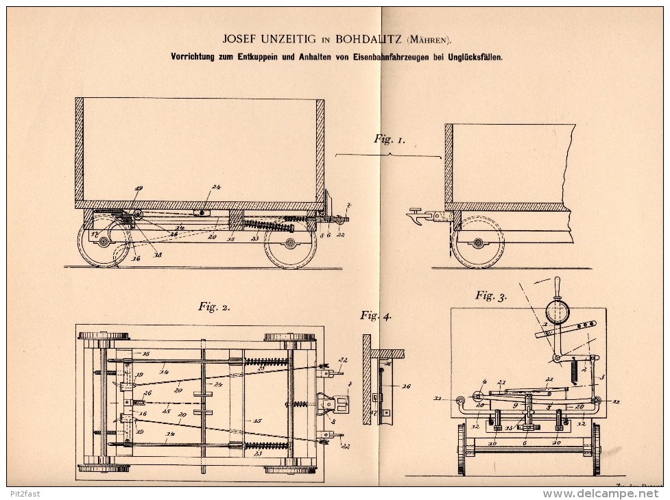 Original Patentschrift - Josef Unzeitig In Bohdalitz / Bohdalice - Pavlovice , 1898 , Apparat Für Eisenbahn , Bucovice - Historische Dokumente