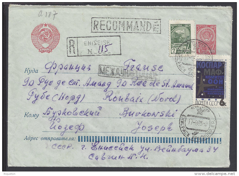 RUSSIE - 1965 -  ENTIER POSTAL RECOMMANDE DE RUSSIE AVEC COMPLEMENT D´AFFRANCHISSEMENT A DESTINATION DE ROUBAIX - FR - - Lettres & Documents