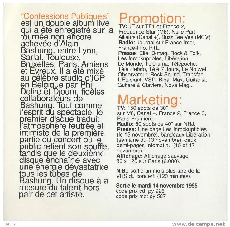 ALAIN BASHUNG "CONFESSIONS PUBLIQUES" CD PROMO 8 TITRES TRES BON ETAT SUPERBE PLAQUETTE CARTONNEE PORT OFFERT - Objetos Derivados