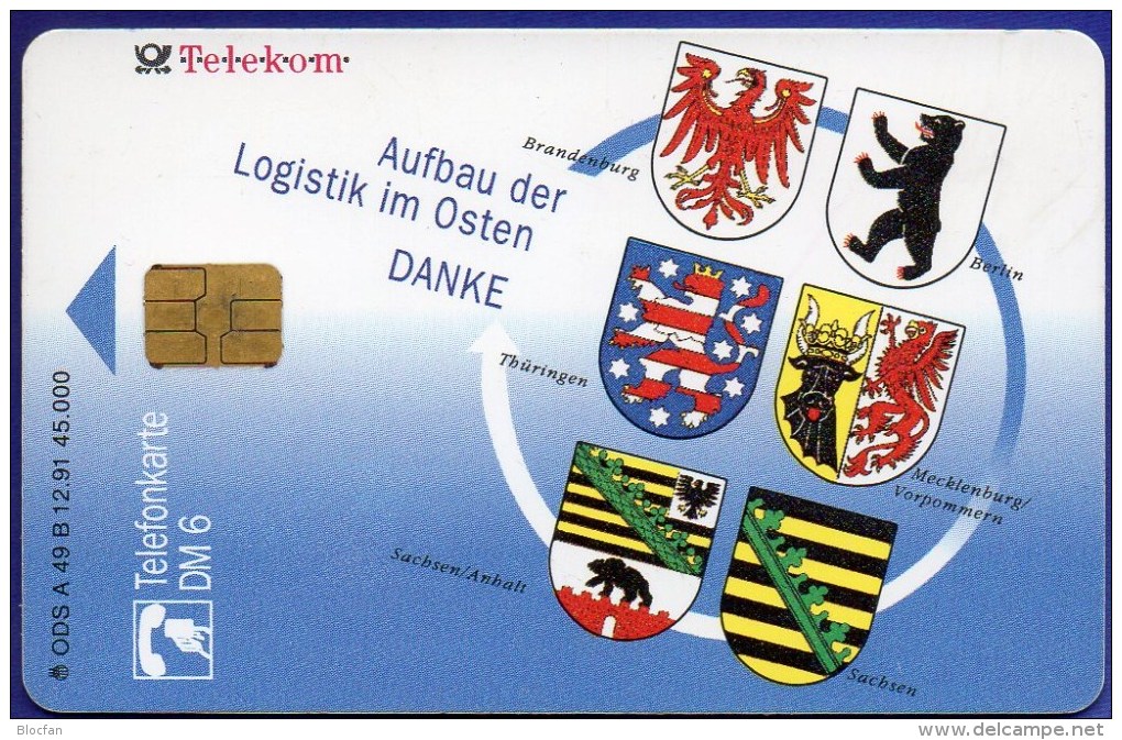 TK A 49 B/1991 Telekom Logistik Aufbau Ost O 8€ Abo DD 2203 Wappen Sachsen Anhalt Berlin Thüringen Tele-card Of Germany - Opérateurs Télécom