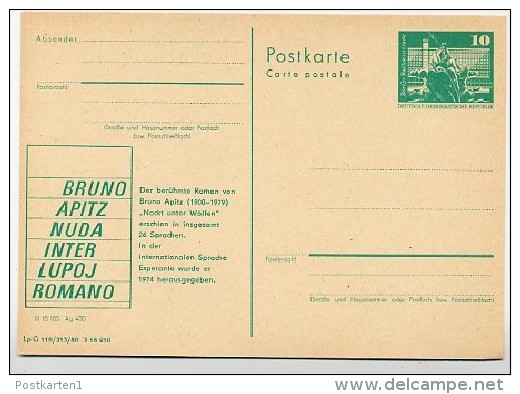 DDR P79-36a-80 C135-a Postkarte PRIVATER ZUDRUCK Esperanto Bruno Apitz Leipzig 1980 - Cartoline Private - Nuovi