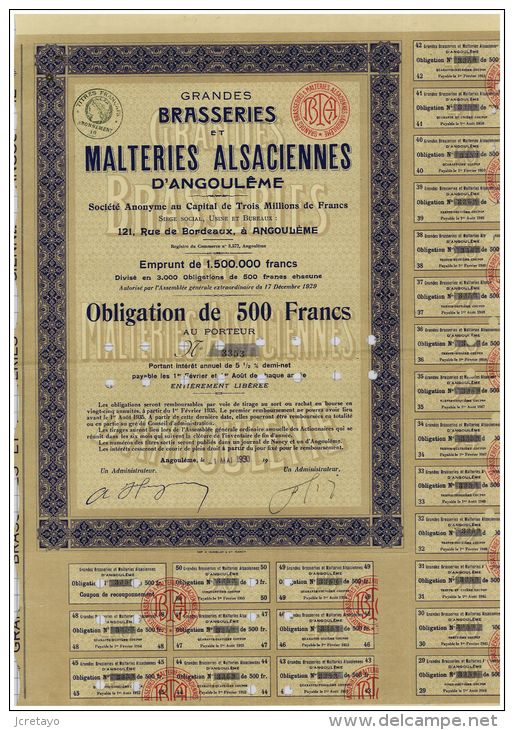 Brasseries Et Malteries Alsaciennes à Angouleme, 3000 Obligations - Agriculture