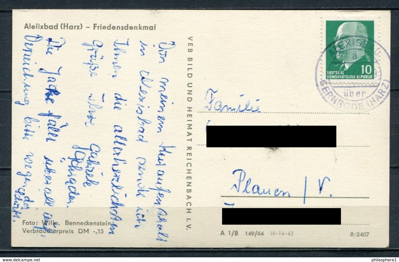 (0358) Alexisbad (Harz) - Friedensdenkmal - Gel. Ca. 1964 - DDR - Bild Und Heimat   149/64  8/2407 - Harzgerode