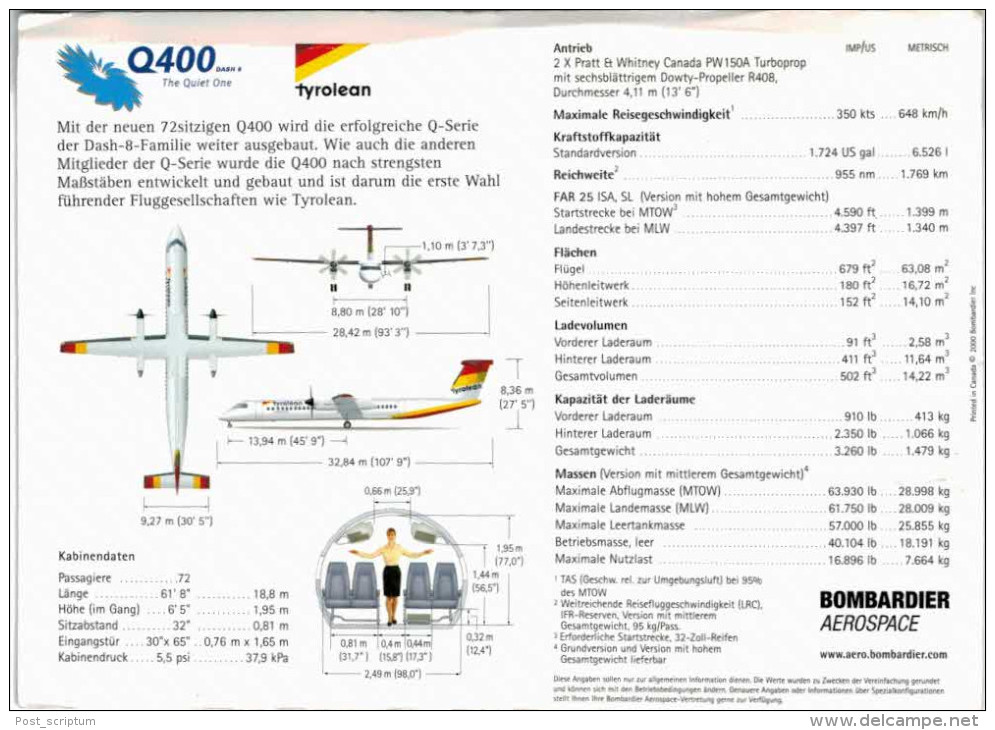 Thème - Avion -   Tyrolean - Bombardier Aerospace - Q400 -  Carte Grand Format - 1946-....: Moderne