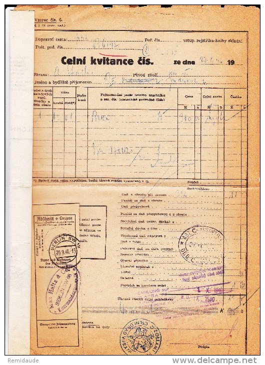 BOHEME ET MORAVIE - 1940 - FORMULAIRES Avec TIMBRE FISCAL + CACHET DE DOUANE (ZOLLAMT) - Covers & Documents